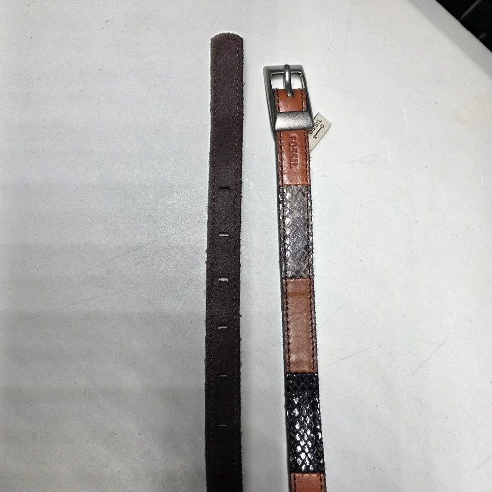 Fossil Snakeskin Patchwork Leather Skinny Belt Brown Tan Black Size Medium M